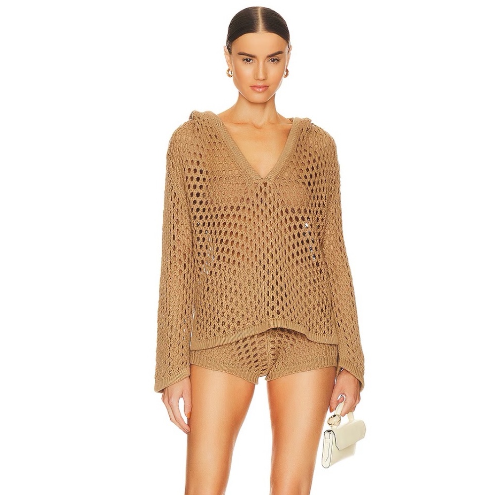 MISA Los Angeles Shamani Netted Crochet Hoodie Brown Tan XS